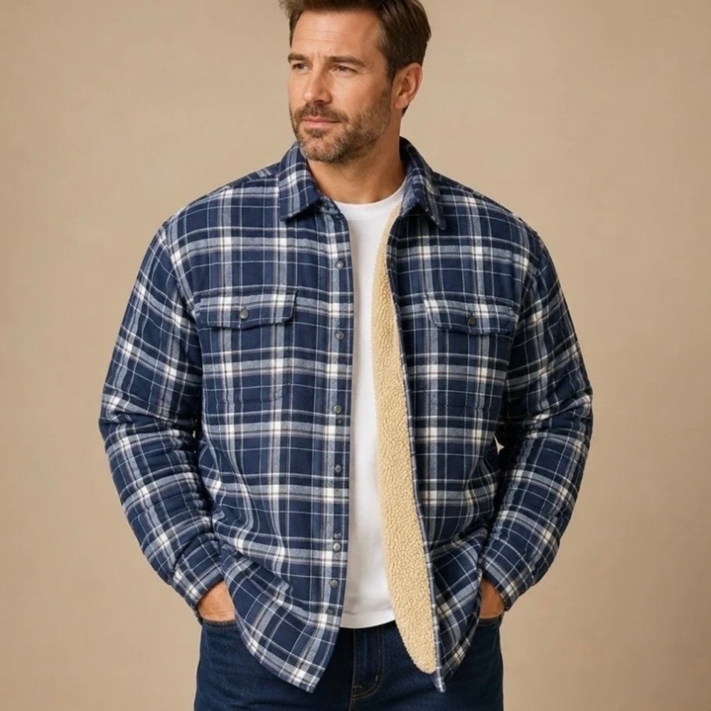 Wrangler Premium Blue Plaid Sherpa-Lined Flannel Shacket Mens L Workwear FLAW